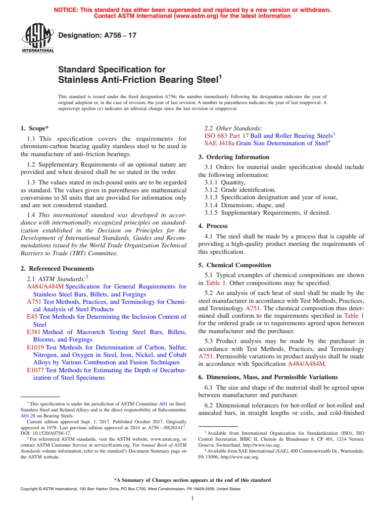 ASTM A756-17 - Standard Specification for Stainless Anti-Friction Bearing Steel