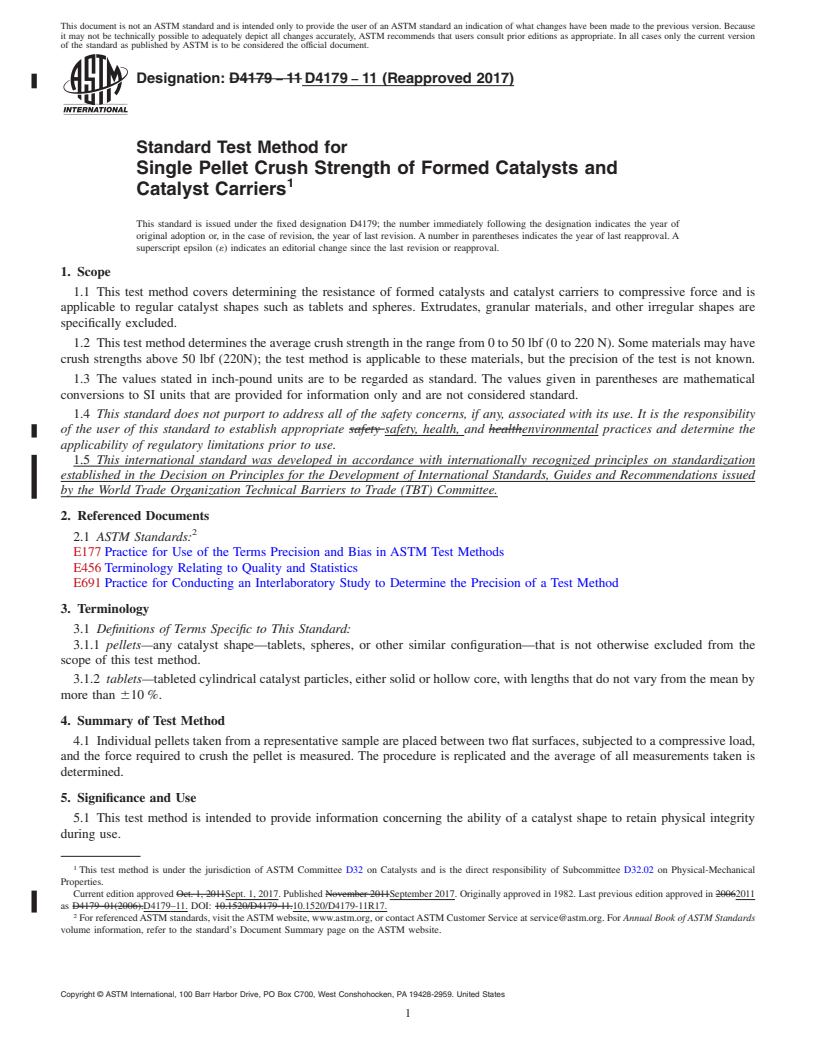 REDLINE ASTM D4179-11(2017) - Standard Test Method for  Single Pellet Crush Strength of Formed Catalysts and Catalyst  Carriers