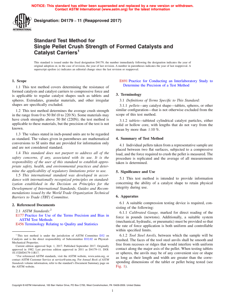 ASTM D4179-11(2017) - Standard Test Method for  Single Pellet Crush Strength of Formed Catalysts and Catalyst  Carriers