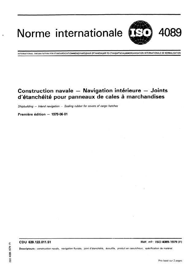 ISO 4089:1979 - Construction navale -- Navigation intérieure -- Joints d'étanchéité pour panneaux de cales a marchandises