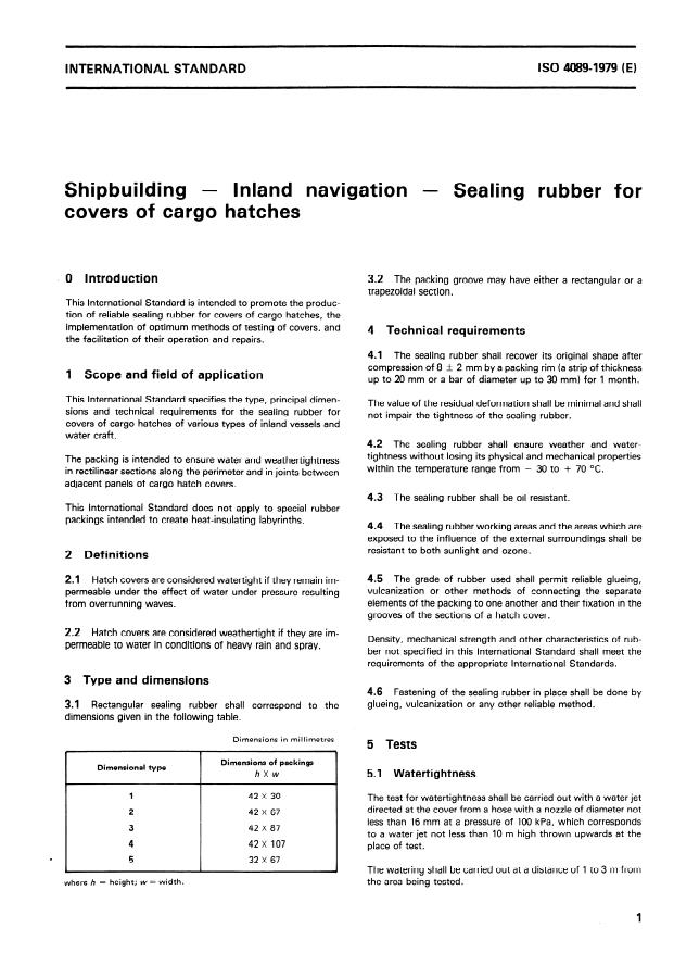 ISO 4089:1979 - Shipbuilding -- Inland navigation -- Sealing rubber for covers of cargo hatches