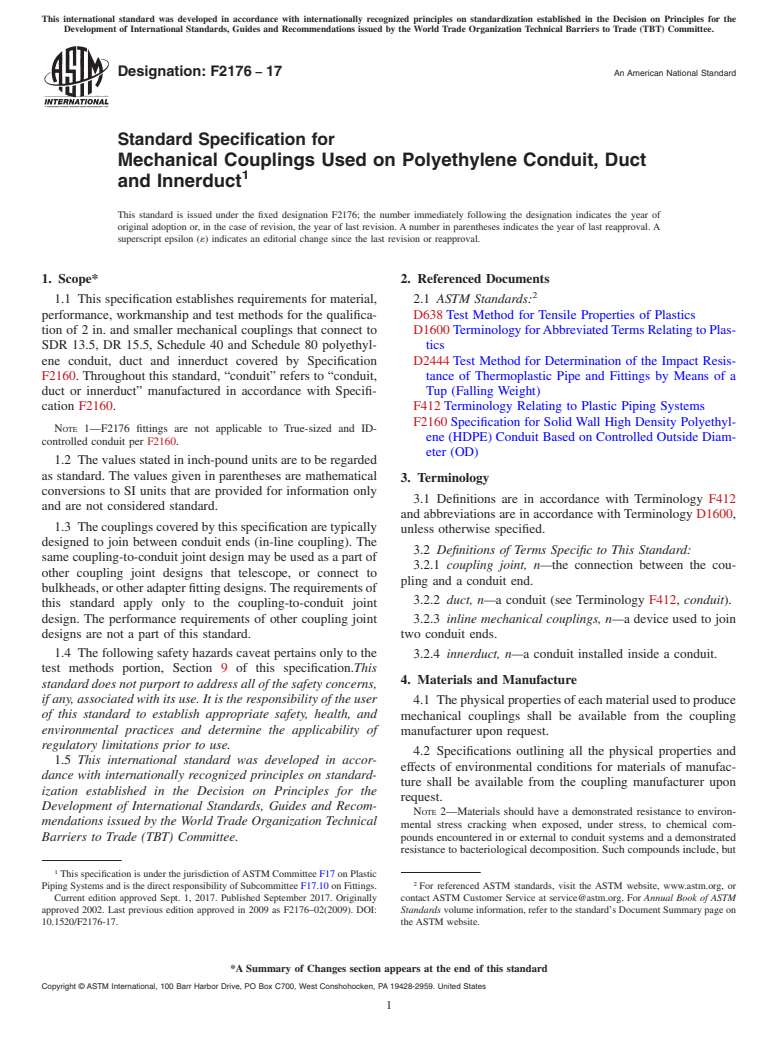 ASTM F2176-17 - Standard Specification for  Mechanical Couplings Used on Polyethylene Conduit, Duct and  Innerduct