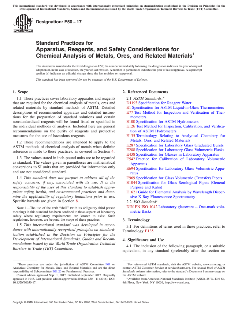 ASTM E50-17 - Standard Practices for  Apparatus, Reagents, and Safety Considerations for Chemical  Analysis  of Metals, Ores, and Related Materials