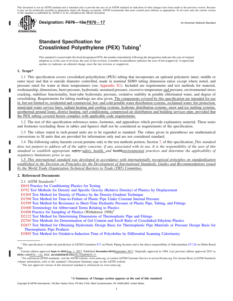 REDLINE ASTM F876-17 - Standard Specification for  Crosslinked Polyethylene (PEX) Tubing