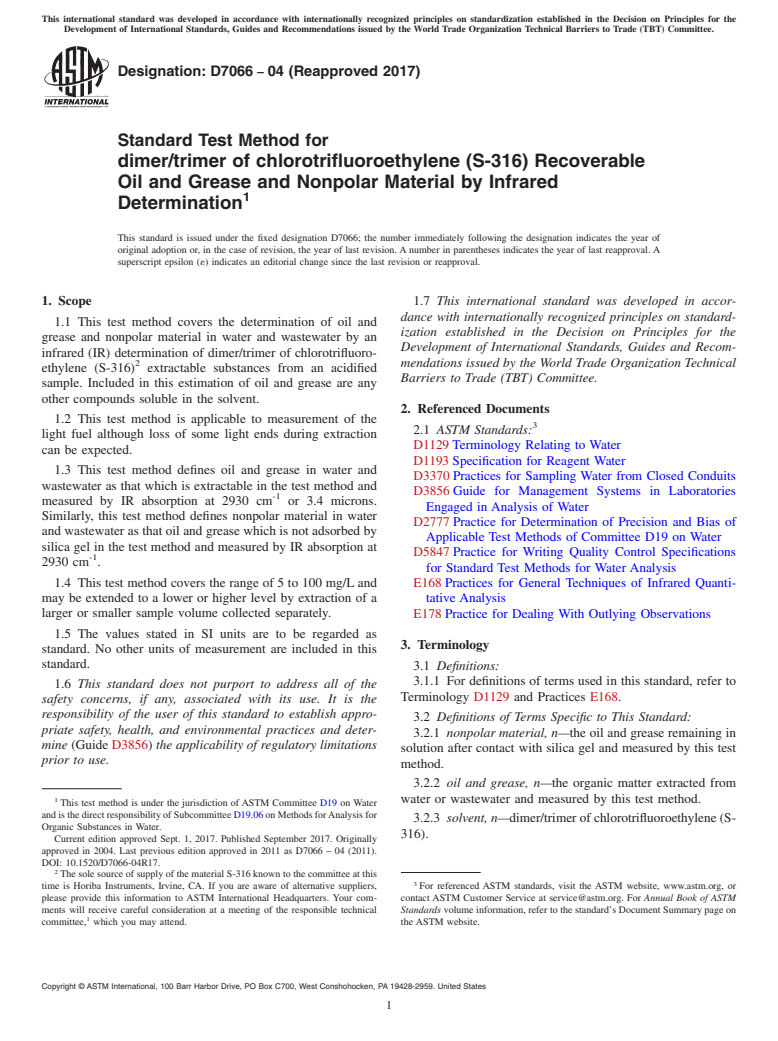 ASTM D7066-04(2017) - Standard Test Method for  dimer/trimer of chlorotrifluoroethylene (S-316) Recoverable   Oil and Grease and Nonpolar Material by Infrared Determination