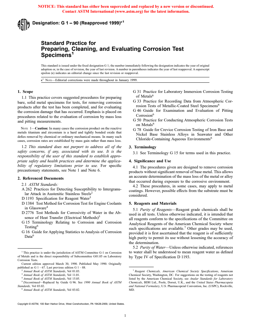 ASTM G1-90(1999)e1 - Standard Practice for Preparing, Cleaning, and Evaluating Corrosion Test Specimens