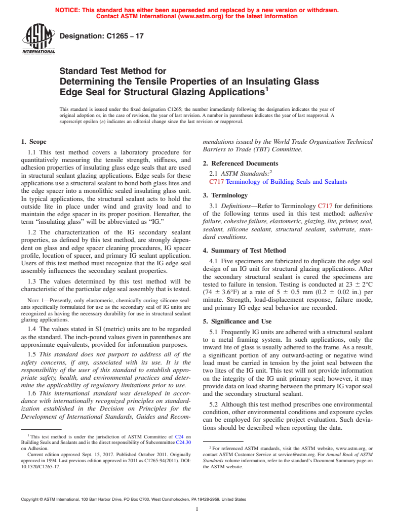 ASTM C1265-17 - Standard Test Method for  Determining the Tensile Properties of an Insulating Glass Edge  Seal for Structural Glazing Applications