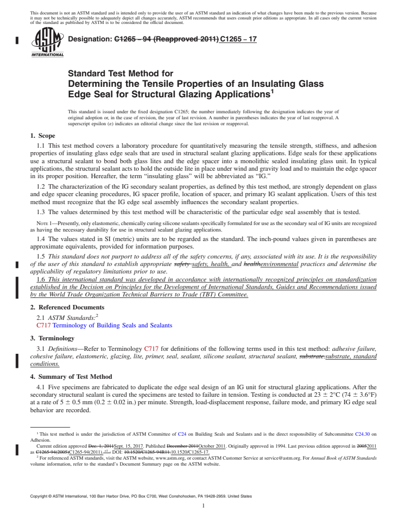 REDLINE ASTM C1265-17 - Standard Test Method for  Determining the Tensile Properties of an Insulating Glass Edge  Seal for Structural Glazing Applications