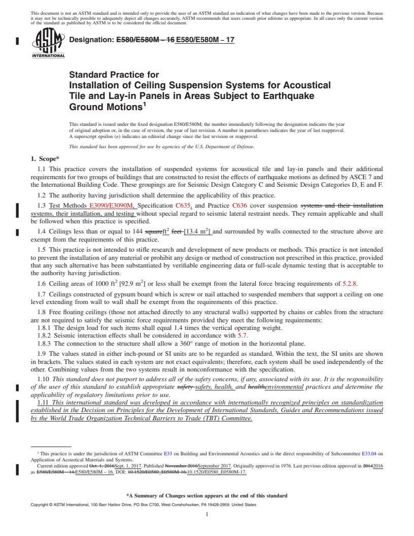 REDLINE ASTM E580/E580M-17 - Standard Practice for  Installation of Ceiling Suspension Systems for Acoustical Tile  and Lay-in Panels in Areas Subject to Earthquake Ground Motions