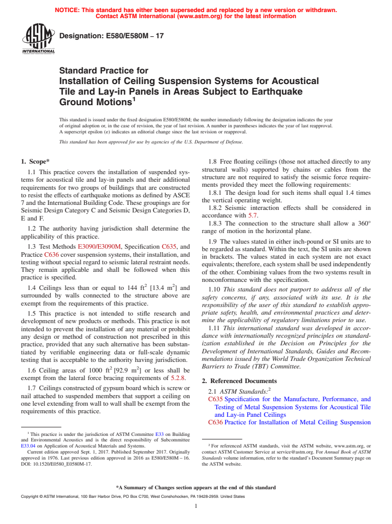 ASTM E580/E580M-17 - Standard Practice for  Installation of Ceiling Suspension Systems for Acoustical Tile  and Lay-in Panels in Areas Subject to Earthquake Ground Motions