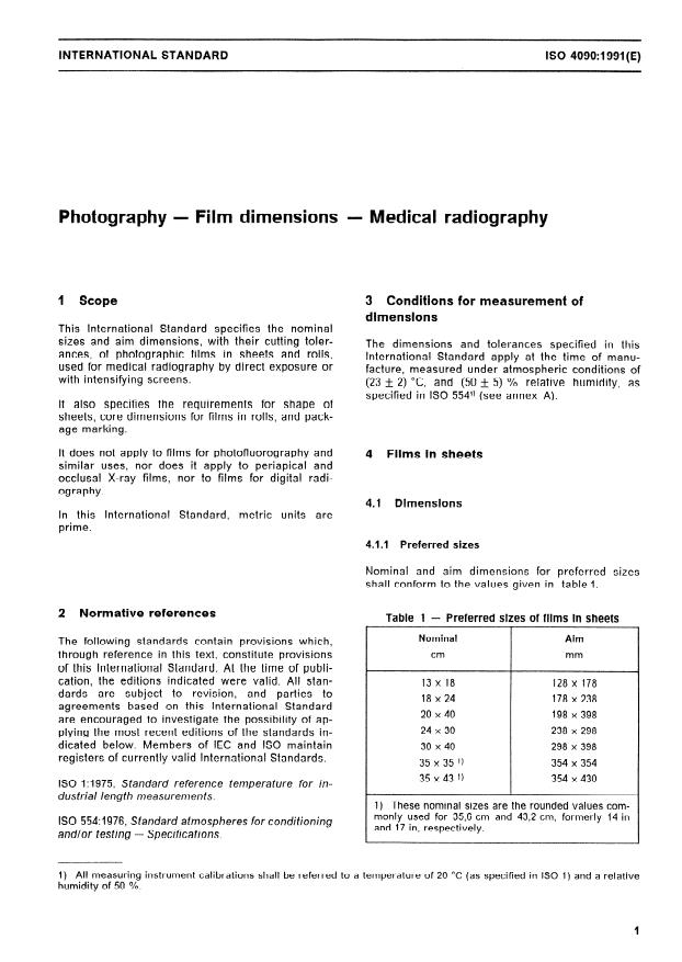 ISO 4090:1991 - Photography -- Film dimensions -- Medical radiography
