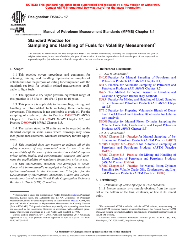 ASTM D5842-17 - Standard Practice for Sampling and Handling of Fuels for Volatility Measurement