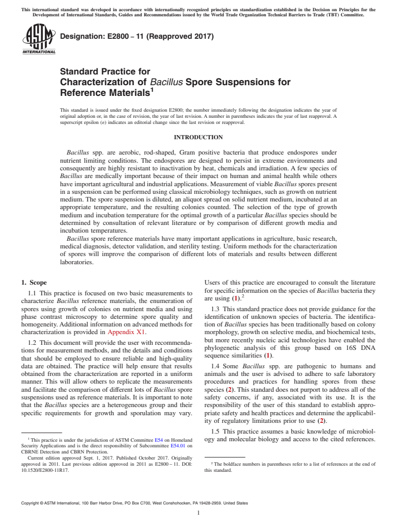 ASTM E2800-11(2017) - Standard Practice for  Characterization of <emph type="ital">Bacillus</emph> Spore  Suspensions for Reference Materials