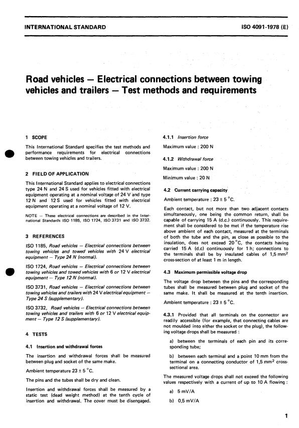 ISO 4091:1978 - Road vehicles -- Electrical connections between towing vehicle and trailers -- Test methods and requirements