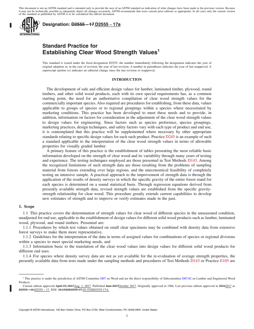 REDLINE ASTM D2555-17a - Standard Practice for Establishing Clear Wood Strength Values