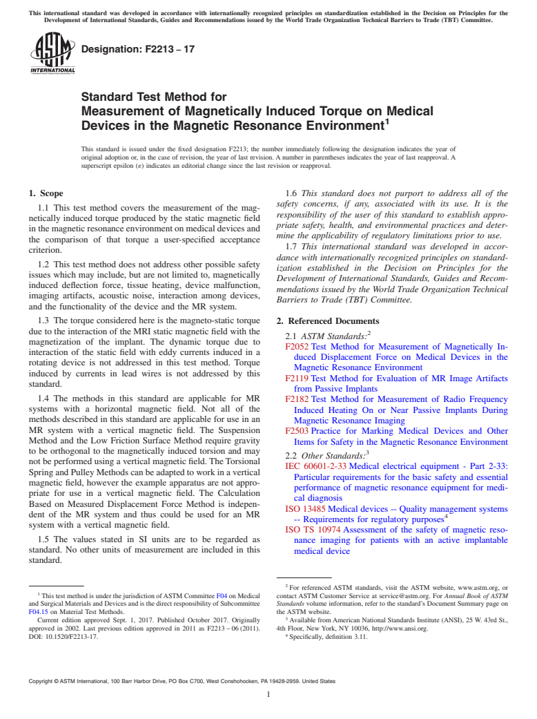 ASTM F2213-17 - Standard Test Method for Measurement of Magnetically Induced Torque on Medical Devices  in the Magnetic Resonance Environment