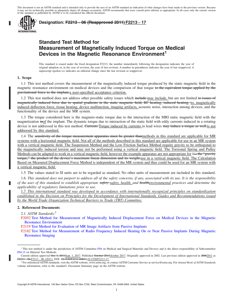REDLINE ASTM F2213-17 - Standard Test Method for Measurement of Magnetically Induced Torque on Medical Devices  in the Magnetic Resonance Environment