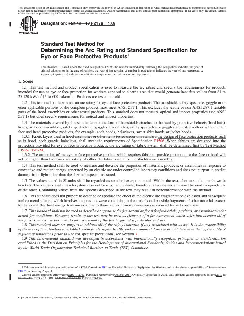 REDLINE ASTM F2178-17a - Standard Test Method for  Determining the Arc Rating and Standard Specification for Eye  or Face Protective Products