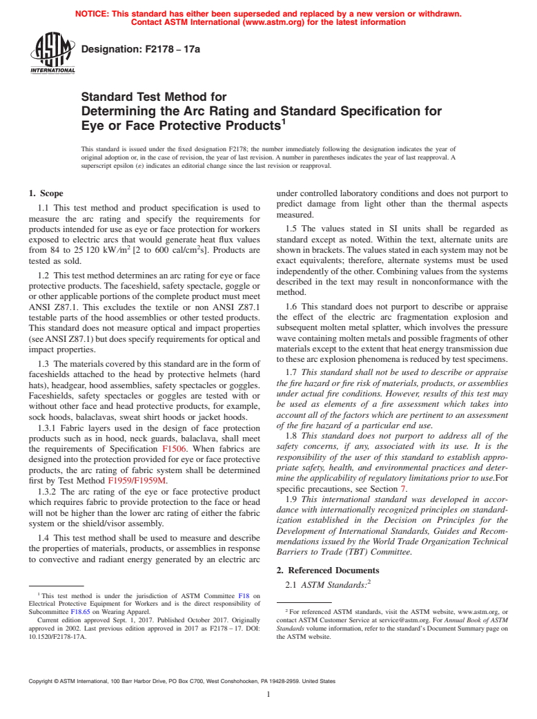 ASTM F2178-17a - Standard Test Method for  Determining the Arc Rating and Standard Specification for Eye  or Face Protective Products