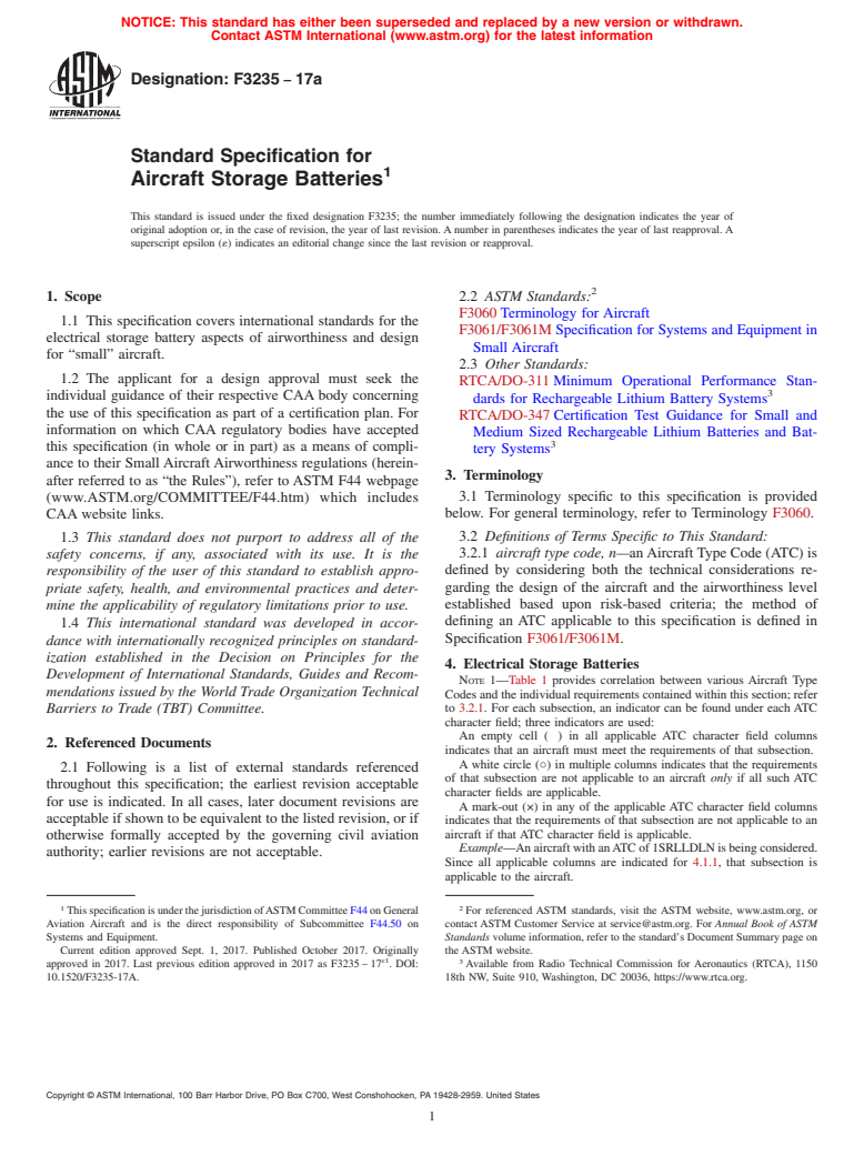 ASTM F3235-17a - Standard Specification for Aircraft Storage Batteries