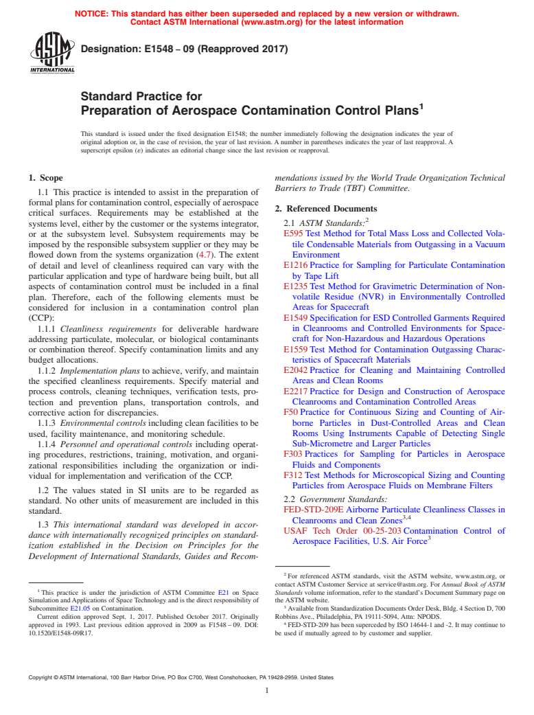 ASTM E1548-09(2017) - Standard Practice for  Preparation of Aerospace Contamination Control Plans