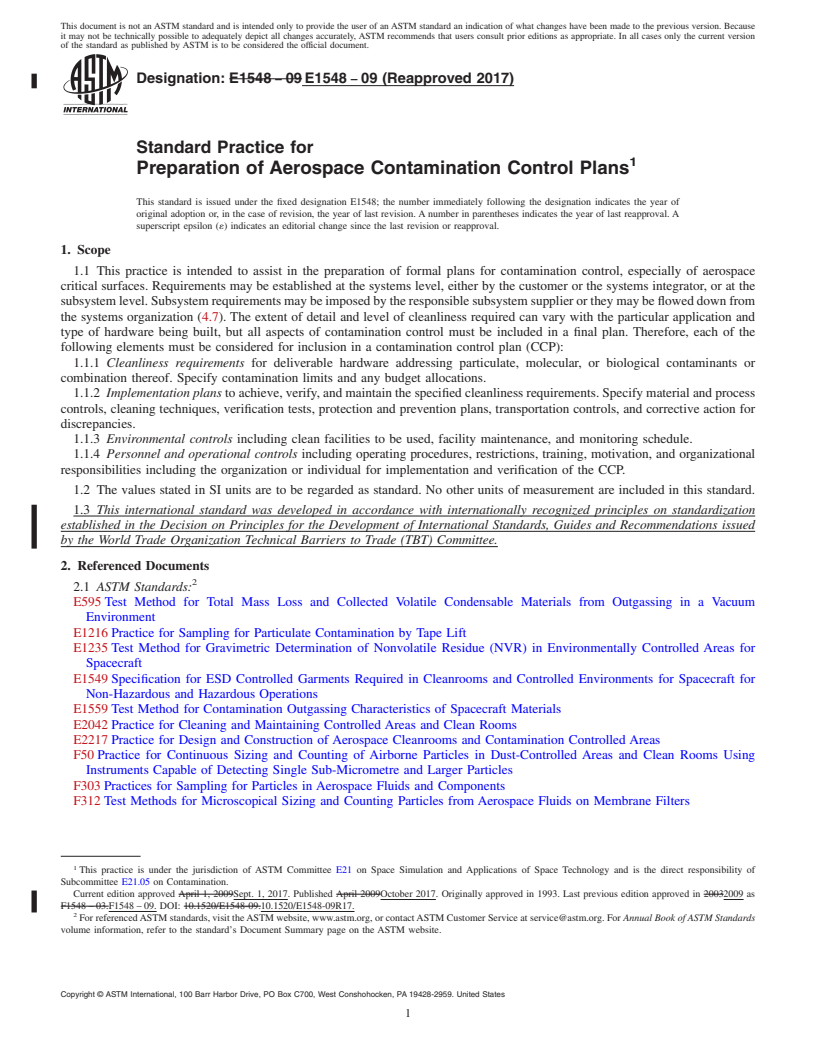 REDLINE ASTM E1548-09(2017) - Standard Practice for  Preparation of Aerospace Contamination Control Plans