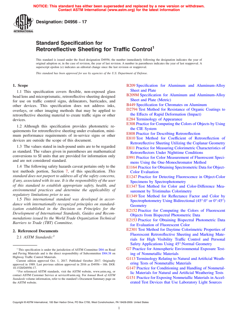 ASTM D4956-17 - Standard Specification for  Retroreflective Sheeting for Traffic Control