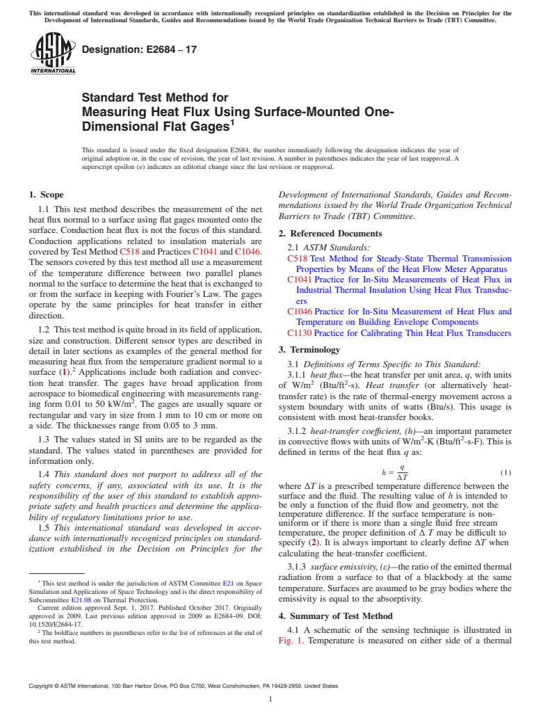ASTM E2684-17 - Standard Test Method for  Measuring Heat Flux Using Surface-Mounted One-Dimensional Flat  Gages