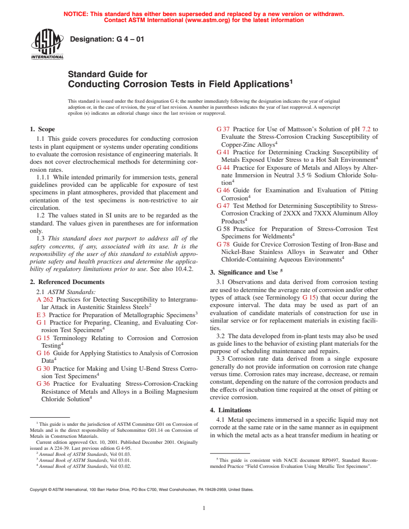 ASTM G4-01 - Standard Guide for Conducting Corrosion Tests in Field Applications