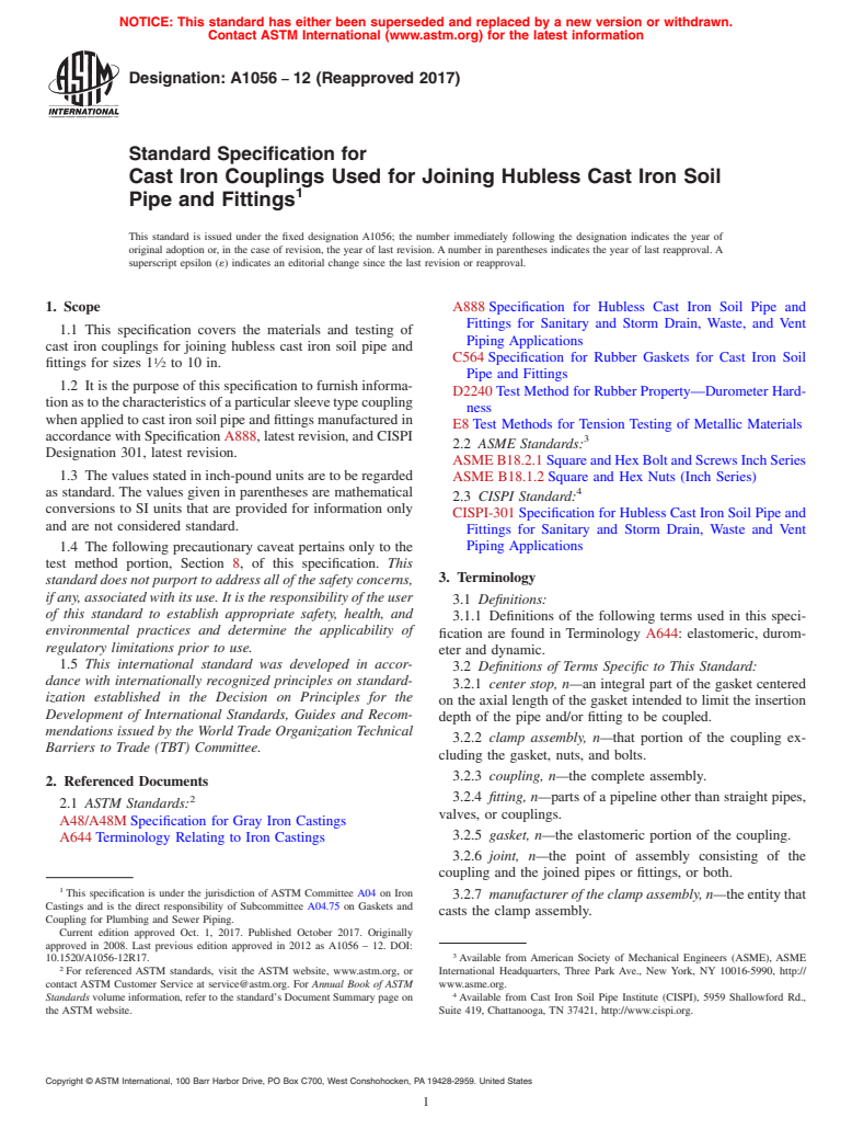 ASTM A1056-12(2017) - Standard Specification for  Cast Iron Couplings Used for Joining Hubless Cast Iron Soil  Pipe and Fittings