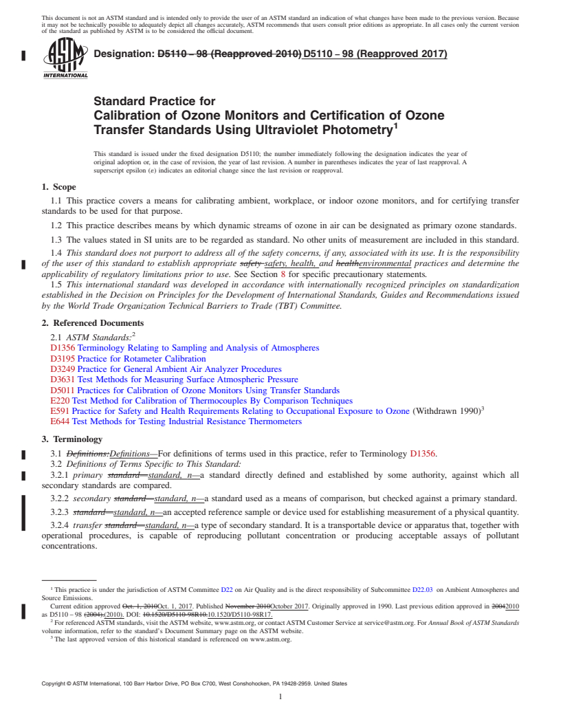 REDLINE ASTM D5110-98(2017) - Standard Practice for  Calibration of Ozone Monitors and Certification of Ozone Transfer  Standards Using Ultraviolet Photometry