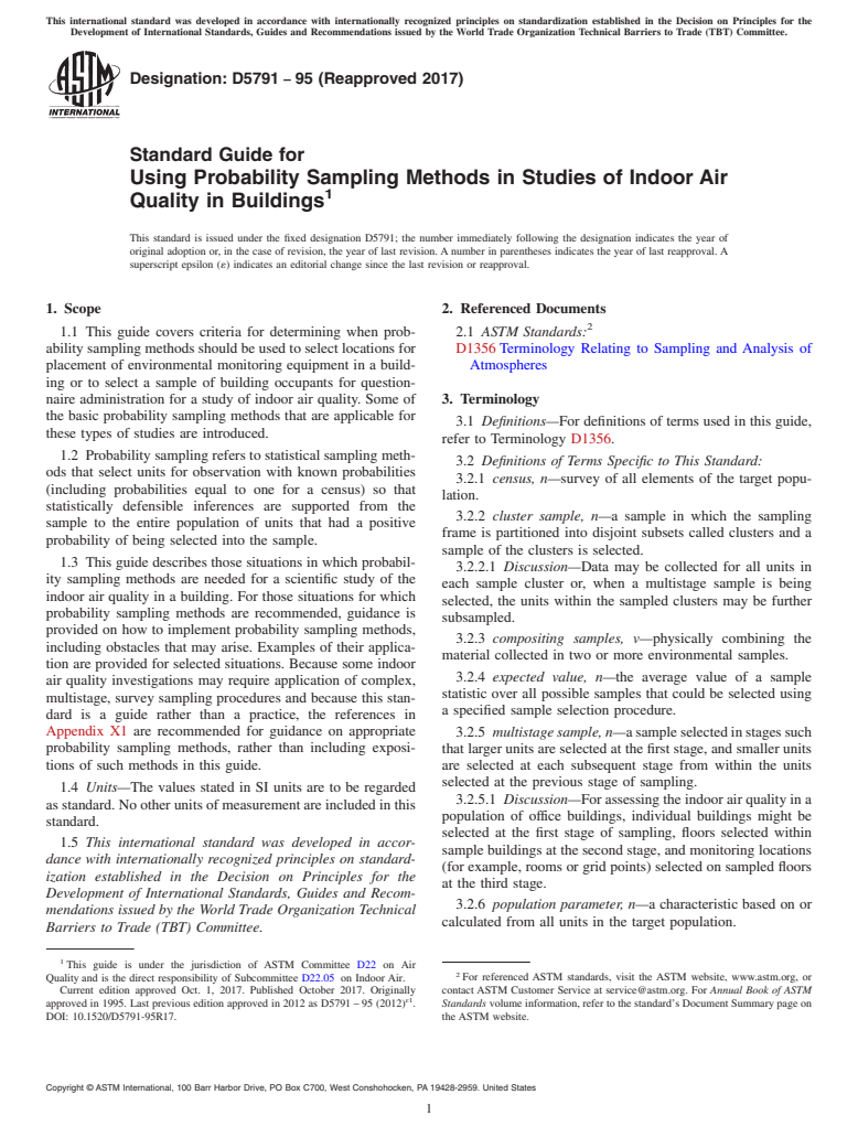 ASTM D5791-95(2017) - Standard Guide for  Using Probability Sampling Methods in Studies of Indoor Air Quality in Buildings