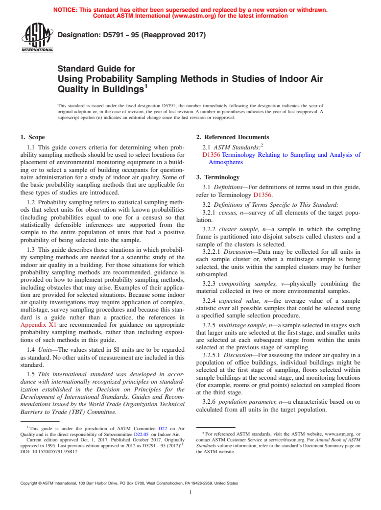 ASTM D5791-95(2017) - Standard Guide for  Using Probability Sampling Methods in Studies of Indoor Air Quality in Buildings