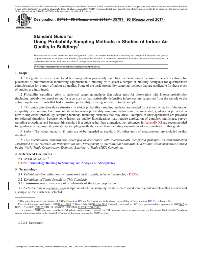 REDLINE ASTM D5791-95(2017) - Standard Guide for  Using Probability Sampling Methods in Studies of Indoor Air Quality in Buildings