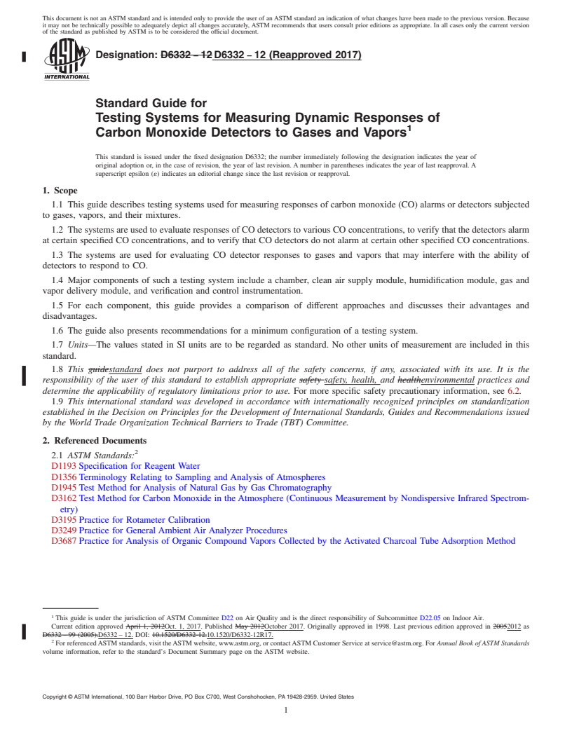 REDLINE ASTM D6332-12(2017) - Standard Guide for  Testing Systems for Measuring Dynamic Responses of Carbon Monoxide  Detectors to Gases and Vapors