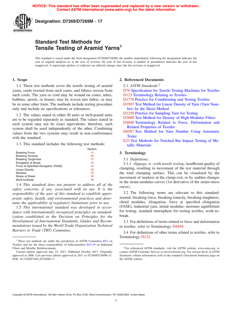 ASTM D7269/D7269M-17 - Standard Test Methods for  Tensile Testing of Aramid Yarns