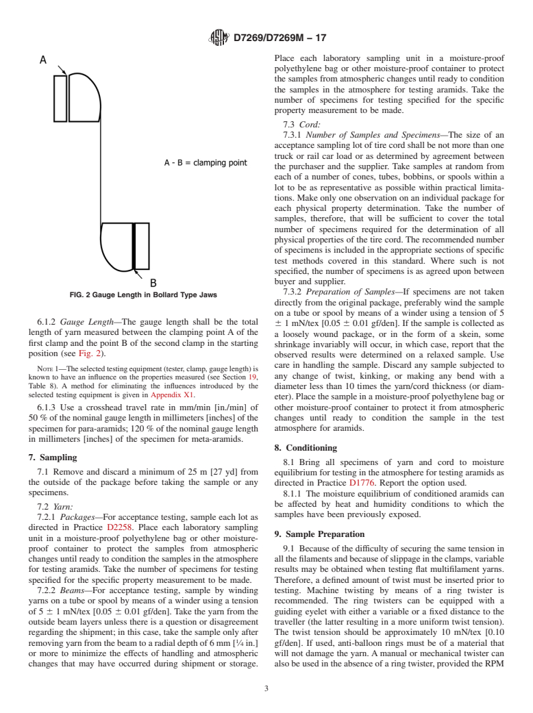 ASTM D7269/D7269M-17 - Standard Test Methods for  Tensile Testing of Aramid Yarns