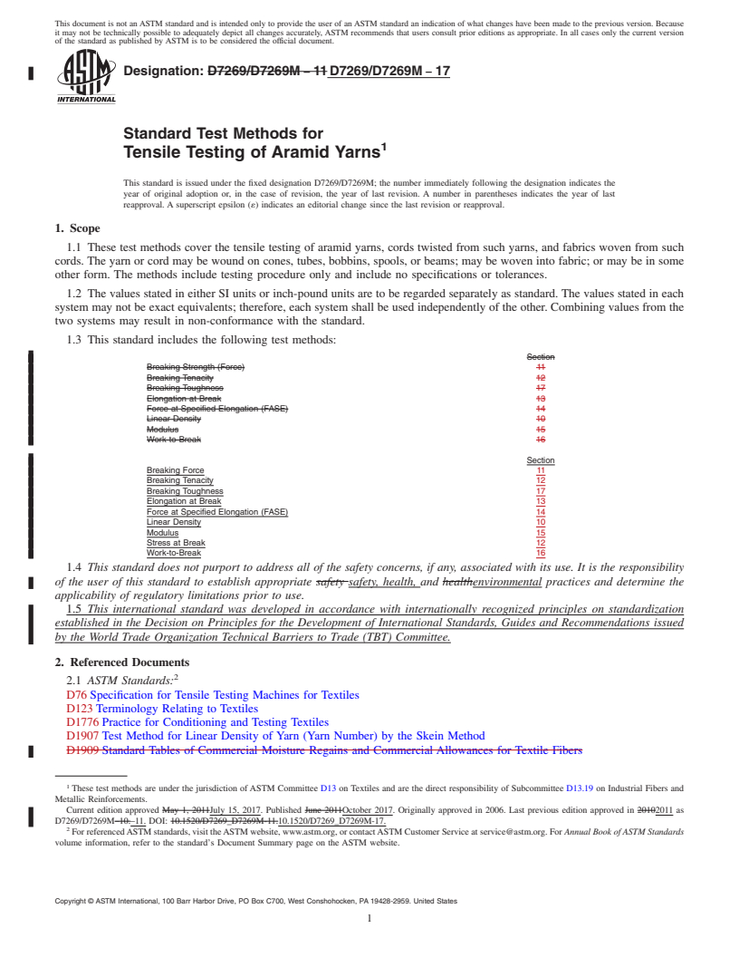 REDLINE ASTM D7269/D7269M-17 - Standard Test Methods for  Tensile Testing of Aramid Yarns