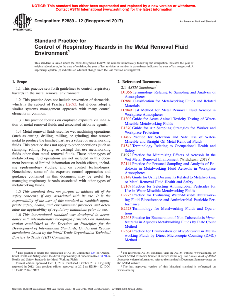 ASTM E2889-12(2017) - Standard Practice for Control of Respiratory Hazards in the Metal Removal Fluid Environment