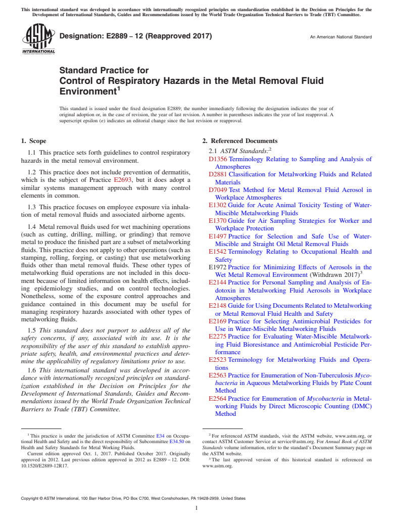 ASTM E2889-12(2017) - Standard Practice for Control of Respiratory Hazards in the Metal Removal Fluid Environment