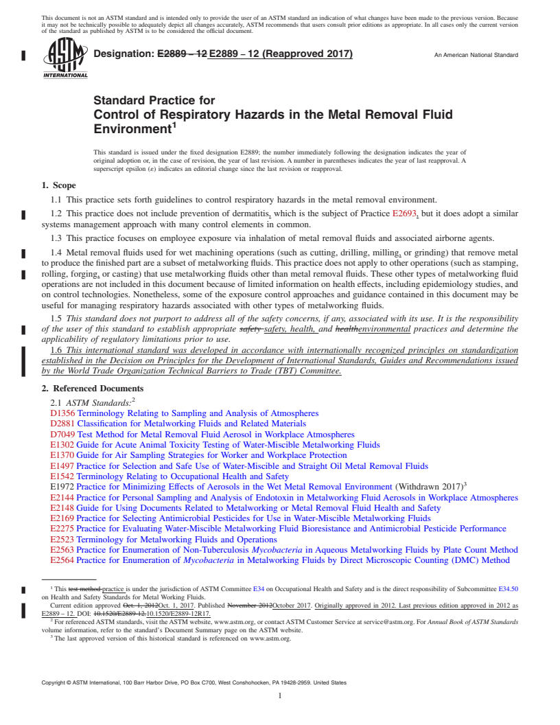 REDLINE ASTM E2889-12(2017) - Standard Practice for Control of Respiratory Hazards in the Metal Removal Fluid Environment