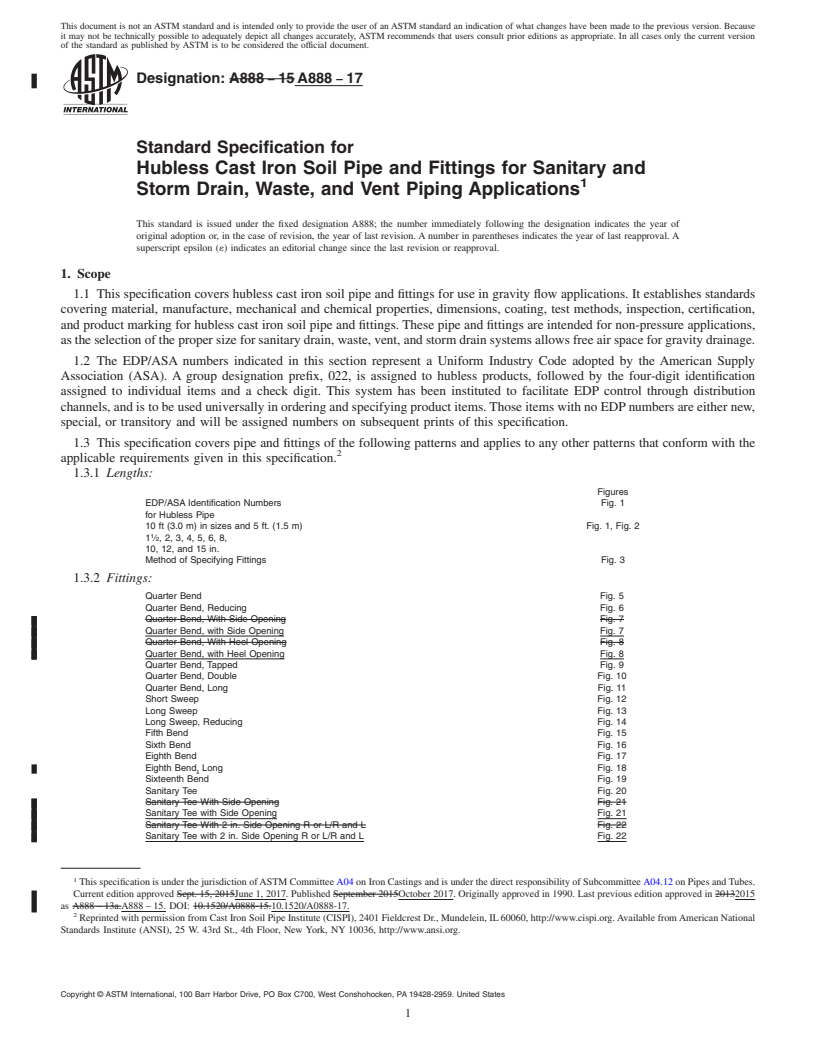 REDLINE ASTM A888-17 - Standard Specification for Hubless Cast Iron Soil Pipe and Fittings for Sanitary and Storm   Drain, Waste, and Vent Piping Applications