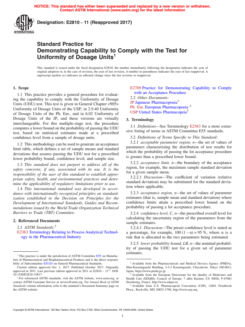 ASTM E2810-11(2017) - Standard Practice for  Demonstrating Capability to Comply with the Test for Uniformity  of Dosage Units