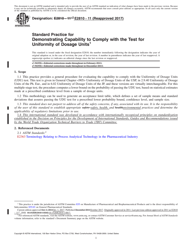 REDLINE ASTM E2810-11(2017) - Standard Practice for  Demonstrating Capability to Comply with the Test for Uniformity  of Dosage Units