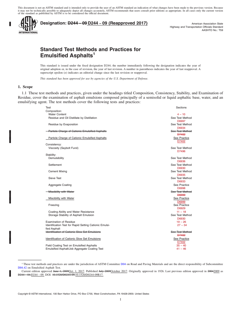 REDLINE ASTM D244-09(2017) - Standard Test Methods and Practices for Emulsified Asphalts