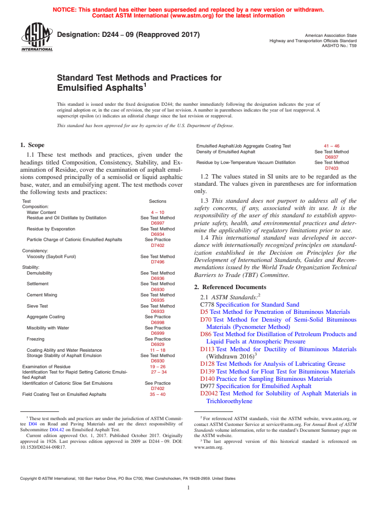 ASTM D244-09(2017) - Standard Test Methods and Practices for Emulsified Asphalts