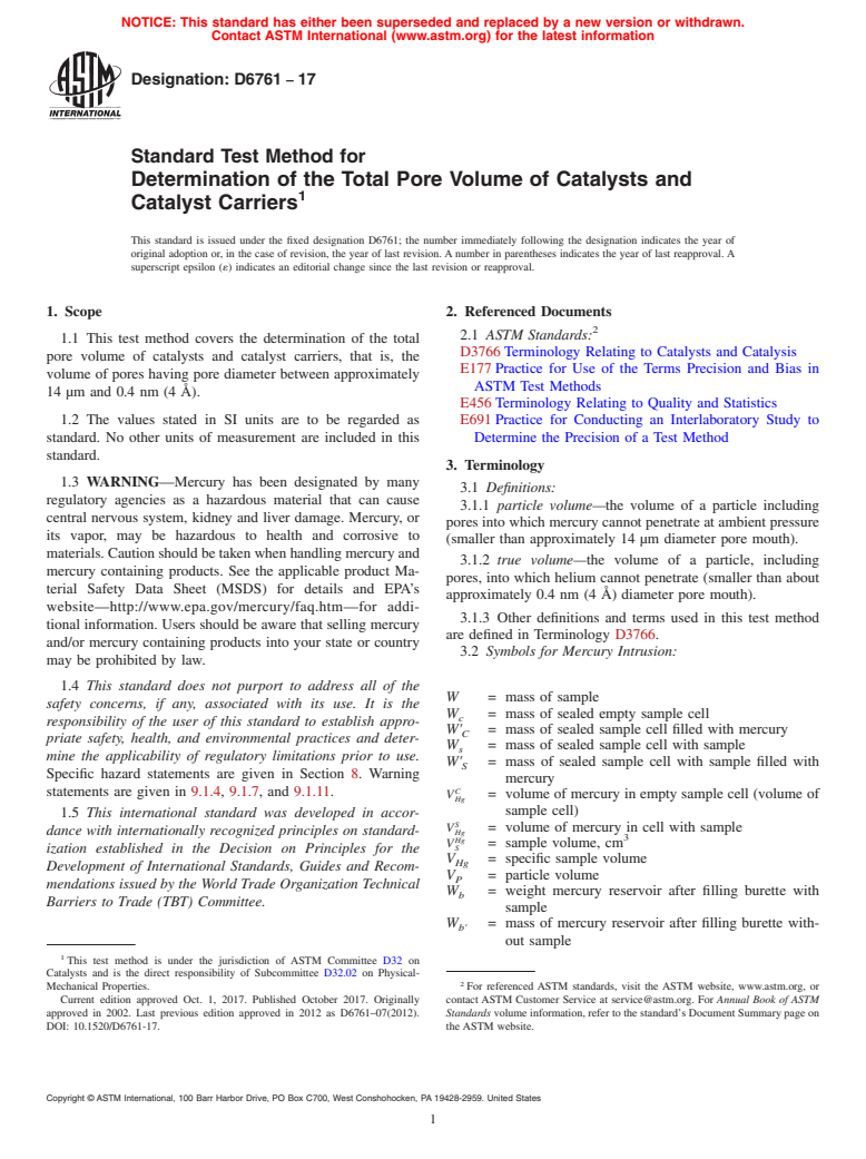 ASTM D6761-17 - Standard Test Method for  Determination of the Total Pore Volume of Catalysts and Catalyst  Carriers