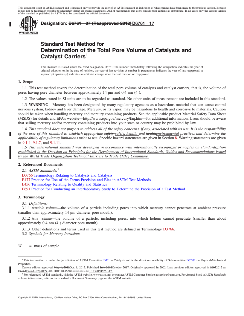 REDLINE ASTM D6761-17 - Standard Test Method for  Determination of the Total Pore Volume of Catalysts and Catalyst  Carriers