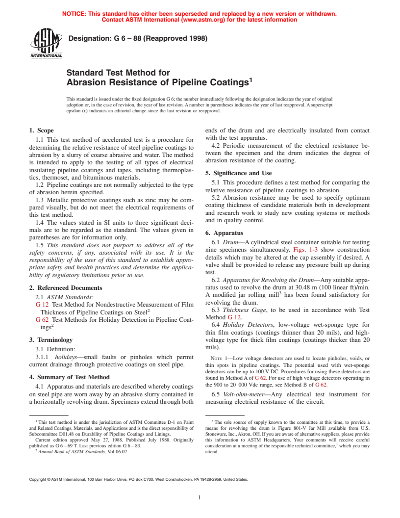 ASTM G6-88(1998) - Standard Test Method for Abrasion Resistance of Pipeline Coatings (Withdrawn 2007)