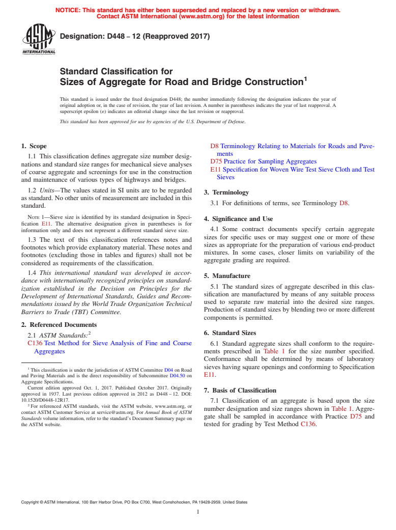 ASTM D448-12(2017) - Standard Classification for  Sizes of Aggregate for Road and Bridge Construction